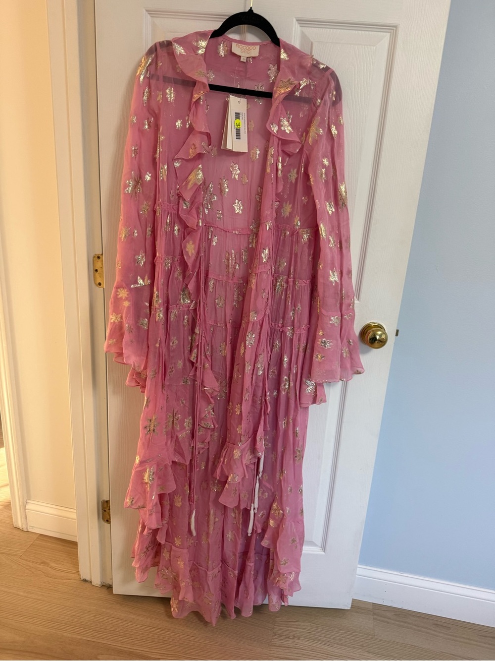 Rococo Sand Pink Ruffle Kaftan Maxi Dress with Gold Foil Accents NWT $750 MSRP